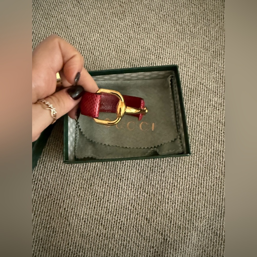 Gucci Vintage Red Leather Bangle Cuff Belt Bracelet Gold Horsebit